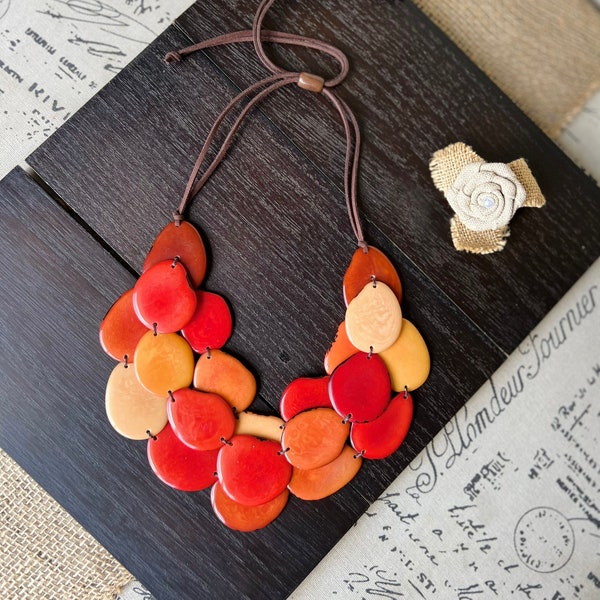 Burnt orange huge beaded necklace Tagua nut jewelry Mother's day gifts Big bold chunky necklace Triple 3 strands adjustable bib collar