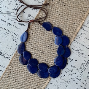 Navy blue statement necklace Double layer adjustable collar Tagua jewelry Big bold chunky For Bridesmaids Two strands bib necklace Layered