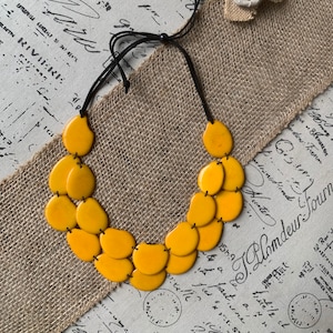 Yellow statement necklace Spring Tagua jewelry Big bold chunky necklace Anniversary gift for wife Double layered collar with leather