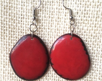 Big red earrings Tagua jewelry Dangle earrings boho Summer fashion trends Handmade earrings for woman Edgy earrings dangle Statement earring