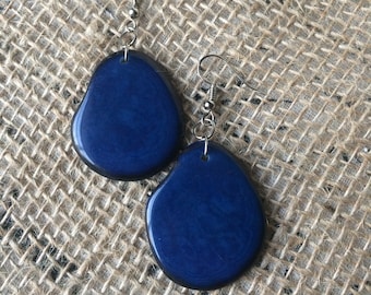 Tagua earrings Big blue earrings Christmas stocking stuffers Huge bead statement drops Handmade in Ecuador Oversized beads Unusual dangles