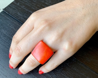 Chunky orange ring Cocktail rings Tagua jewelry Fashion rings for women Wide band statement ring Beachy rings Wearable art Bold rings