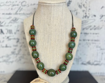 Olive green statement necklace with bubblegum beads Tagua and bombona necklace Big bold chunky necklace Spring fashion Mothers day gifts