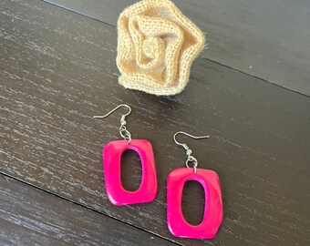 Hot pink square earrings Tagua nut jewelry Mod boho earrings Geometric jewelry Long statement dangles Artisan handmade Beach fashion style