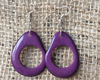 Big purple earrings Tagua jewelry Beaded hoops Unusual oversized jewelry Long drop earrings Mod large dangle earrings Fall fashion Stockings