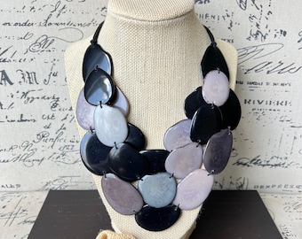 Black and gray Tagua necklace Statement necklace Layered beaded necklace with leather strap Big bold chunky necklace Multi strand bib