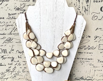 Ivory white fashion triple layer necklace Tagua jewelry 14 year wedding anniversary gift Big bold chunky necklace 3 strands adjustable