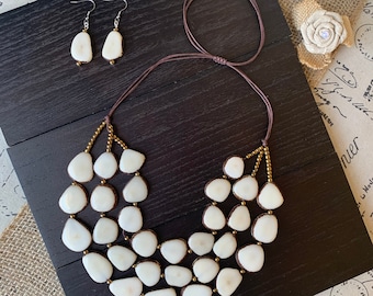White multi strand statement necklace set Tagua jewelry 14 year wedding anniversary gift for wife Boho adjustable Triple strand bib
