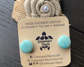 Aqua Tagua Nut Stud Earrings, Eco Friendly Jewelry