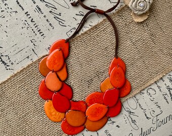 Bracelet and Earring Set Matte Orange and Red Crackle Beaded Necklace