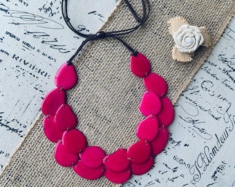 Hot pink statement necklace Tagua jewelry Huge layered necklace Big bold chunky necklace Adjustable cord Multi layer necklace Wearable art
