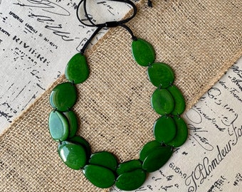 Green statement necklace Tagua nut jewelry Big bold necklaces Adjustable cord Wearable art Multi layer necklace Handmade Summer fashion