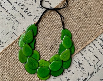 Green multi layer beaded necklace Tagua jewelry Big bold chunky necklace Triple 3 strands bib collar Spring fashion style Mothers day gifts