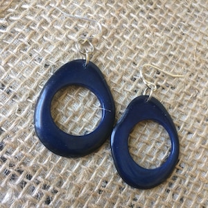 Big blue hoop earrings Tagua nut jewelry Oversized earrings Dangly earrings Statement beaded earrings Wearable art Fall fashion trends