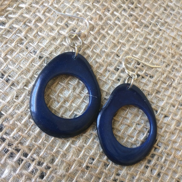 Big blue hoop earrings Tagua nut jewelry Oversized huge earrings Unusual Light weight earrings Large dangles Fall fashion Stocking stuffers