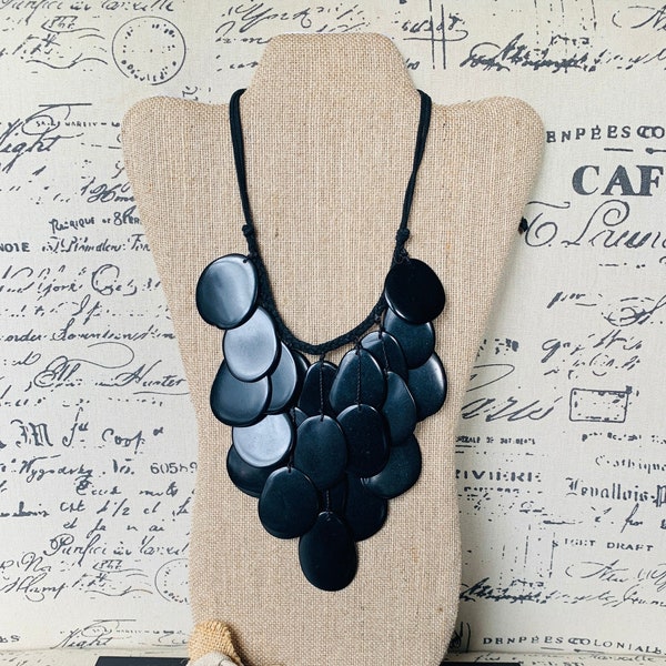 Black statement lightweight necklace Tagua jewelry Big bold chunky necklace Anniversary gift Fall trendy fashion Macrame adjustable bib