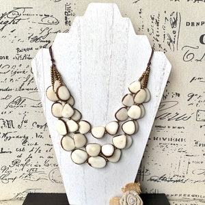 Ivory white fashion triple layer necklace Tagua jewelry 14 year wedding anniversary gift Big bold chunky necklace 3 strands adjustable
