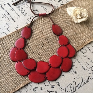 Red Tagua necklace Big bold necklaces for women Wearable art Double strand necklace Adjustable cord Statement necklace Summer fashion