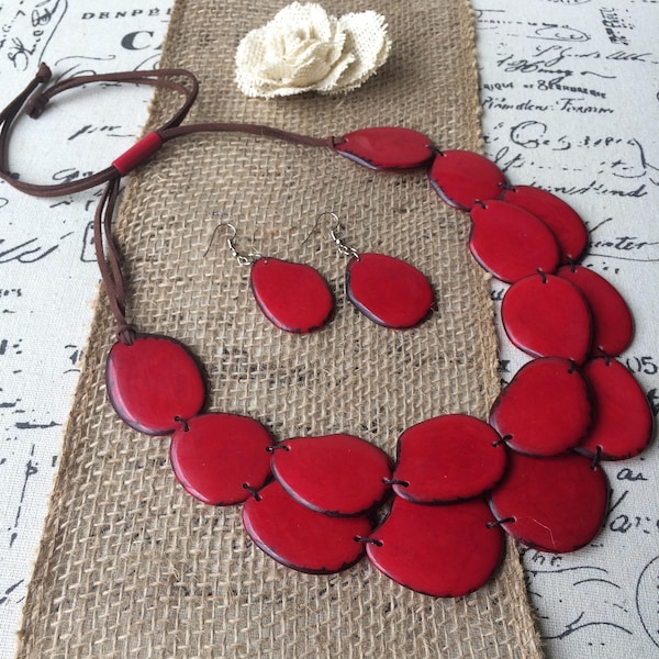 Red statement necklace set Tagua nut jewelry Summer fashion trends Big bold chunky necklaces 2 Layers Anniversary gifts ideas Beach style