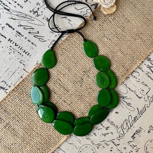 Green statement necklace Tagua nut jewelry Beach fashion Big bold chunky necklace Anniversary gifts for wife Multi layer leather collar