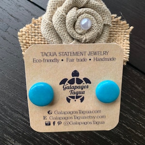 Turquoise blue stud earrings Geometric round studs Statement jewellery Tagua jewelry Plain Button earrings Resort wear Spring fashion trends