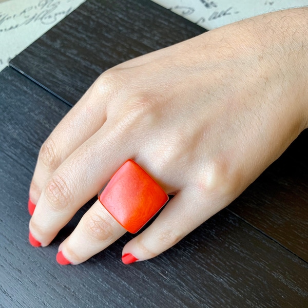 Cocktail ring made of Tagua Fashion women ring Burnt orange square ring Statement jewelry For summer wedding Beach fashion Anniversary gifts