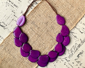 Purple statement necklace Tagua jewelry Big bold chunky necklace Double layer bib Two 2 strand collar Mothers day gifts for mom Beach