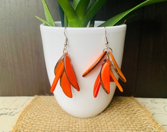 Orange extra chunky earrings Statement fashion tagua earrings Fall trendy jewelry Casual dangle drops Boho mod style Artisan handmade