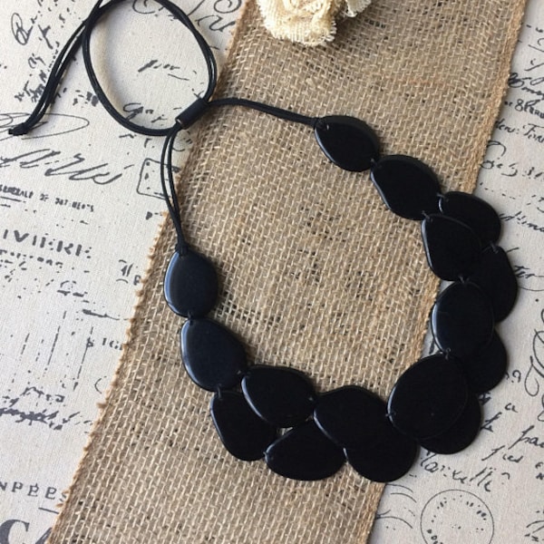 Black statement Necklace Tagua nut jewelry Big bold chunky necklaces Double layer bib Two strands collar Spring fashion trend Beach style