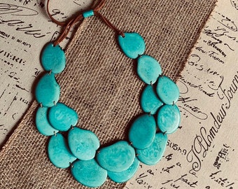 Turquoise statement necklace Tagua jewelry Spring fashion trends Big bold chunky necklace Double layer bib Mother’s Day gifts Beach trends