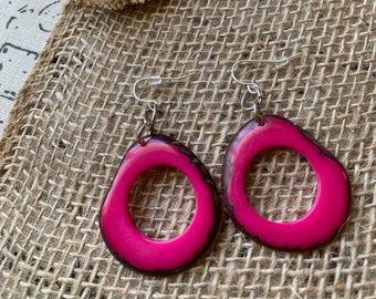 Tagua nut earrings Hot pink earrings Wearable art Dangle and drop earrings Statement earrings Summer fashion Beach wear Hypoallergenic