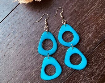 Turquoise extra long tagua earrings Statement dangle and drop Beach style Boho mod hoops Artisan handmade in Colombia Xmas stocking stuffers