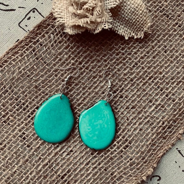 Turquoise green earrings Tagua earrings Eco friendly jewelry Ecuador handmade Custom jewelry for women Statement dangle and drop Spring look