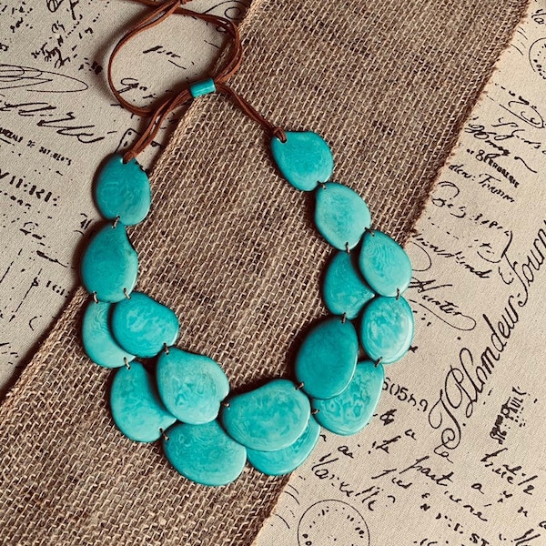 Turquoise statement necklace Tagua jewelry Spring fashion trends Big bold chunky necklace Double layer bib Mother’s Day gifts Beach trends