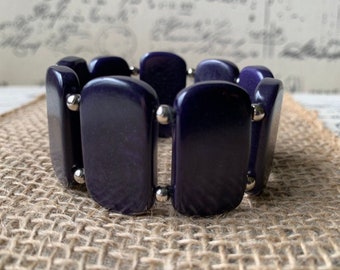 Dark Purple statement bracelet Tagua jewelry Beaded stretch bangle Geometric square beads Beach fashion Christmas sticking stuffers