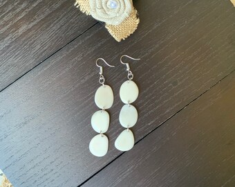 White earrings dangle Extra long tagua earrings Christmas stocking stuffers under 20 Statement drops Boho mod style Beach fashion