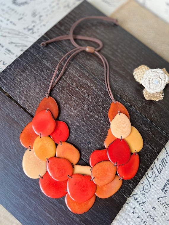Burnt Orange Tagua Nut Necklace - Chunky Adjustable Bib  Handcrafted Tagua Nut Statement Necklace With Adjustable Cord Red & Orange Tones main image 0