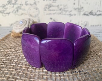 Purple statement bracelet Tagua jewelry Square geometric bracelet Birthday gift for wife Oversized huge handmade beads Elastic stretch