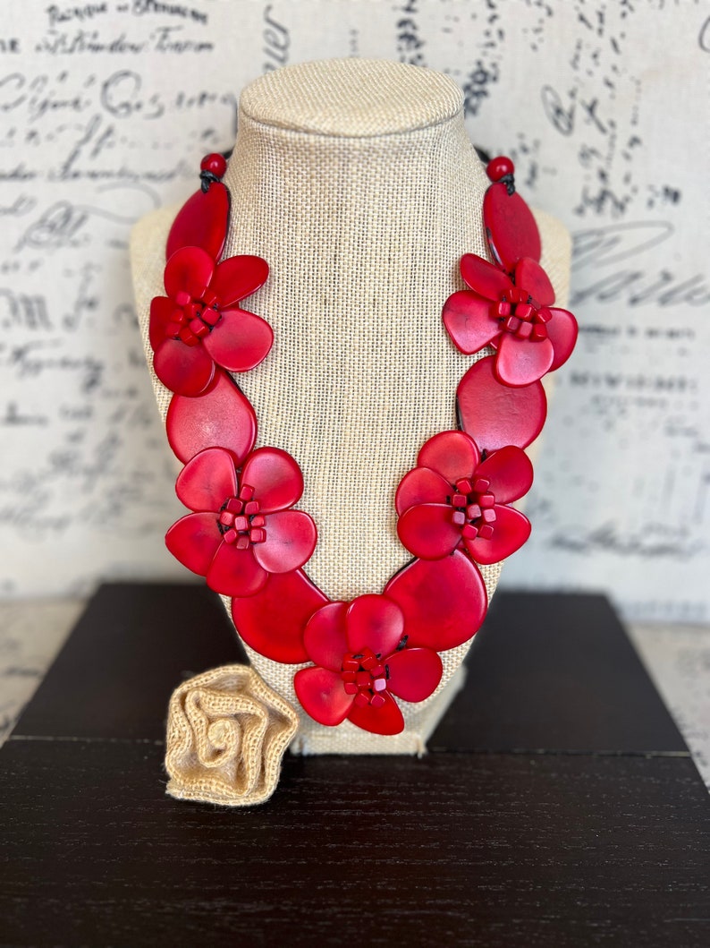 Red Flower Statement Necklace Tagua Jewelry Beach Outfit Style Summer