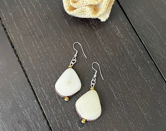 Ivory white Tagua earrings Geometric drops Lightweight earrings Long beaded dangles Gifts under 15 Custom jewelry  Anniversary gifts