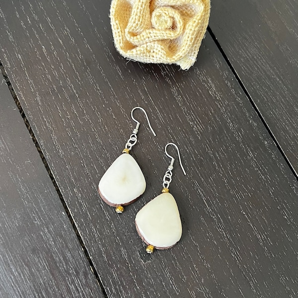 Ivory white Tagua earrings Geometric drops Lightweight earrings Long beaded dangles Gifts under 15 Custom jewelry  Anniversary gifts