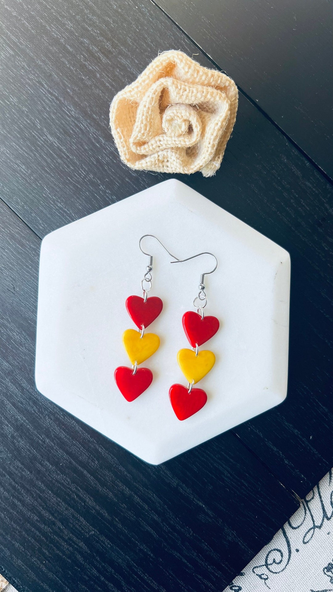 Red and Yellow Earrings Hearts Extra Long Statement Earrings Love ...