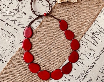 Red beaded necklace Tagua jewelry Simple statement necklace Mothers day gifts Wearable art Artistic necklace Big bold necklaces