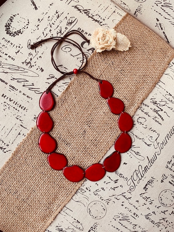 Burnt Orange Tagua Nut Necklace - Chunky Adjustable Bib  Handcrafted Tagua Nut Statement Necklace With Adjustable Cord Red & Orange Tones main image 1
