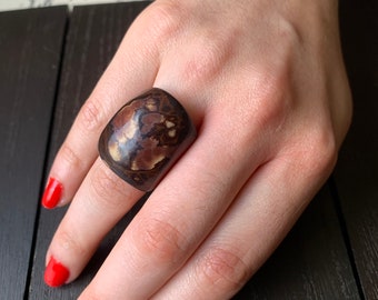 Handmade Brown Tagua Nut Ring, Ethnic Wide Band Ring