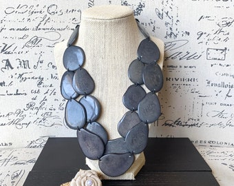 Dark gray statement necklace Tagua nut jewelry Spring fashion Big bold chunky necklace Anniversary gifts for wife Multi layer leather collar