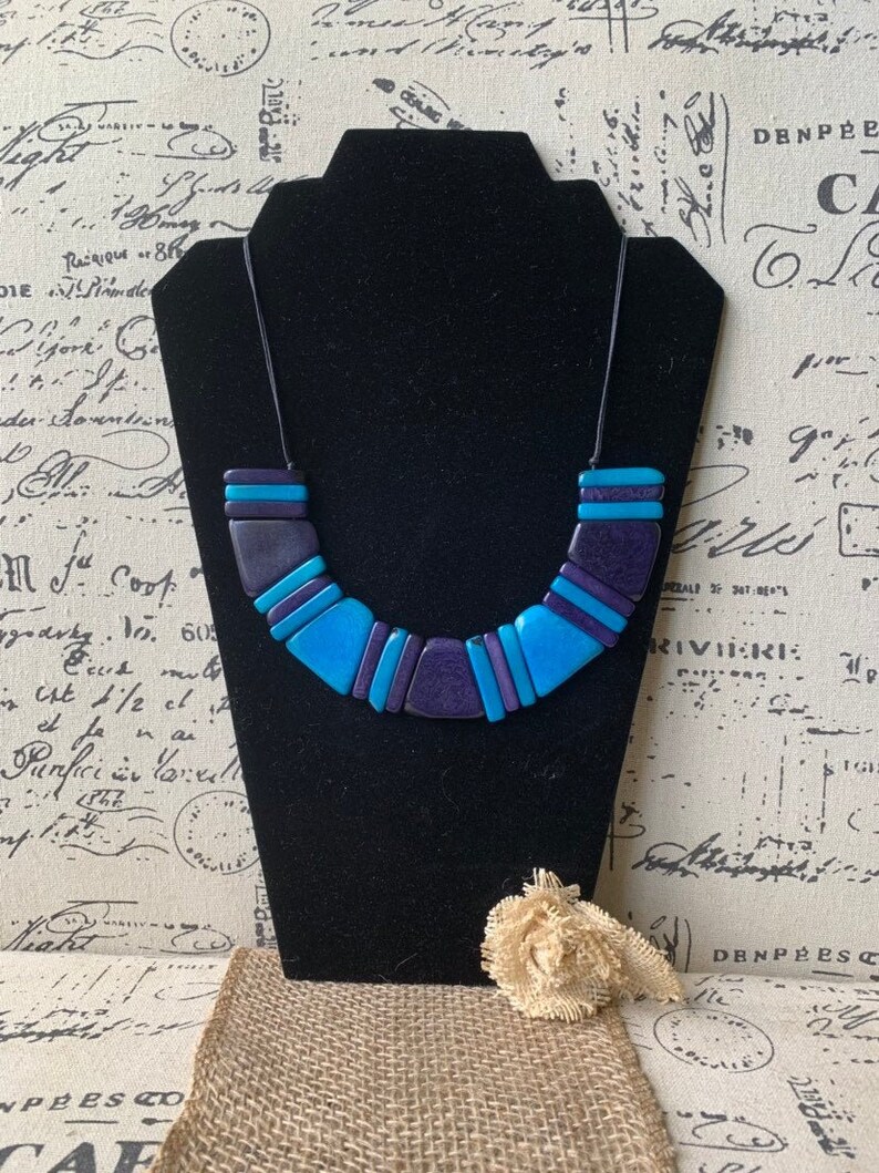 Turquoise and blue necklace Tagua bib collar Unusual jewelry Spring fashion jewelry Anniversary gift for wife Artisan handmade in Colombia