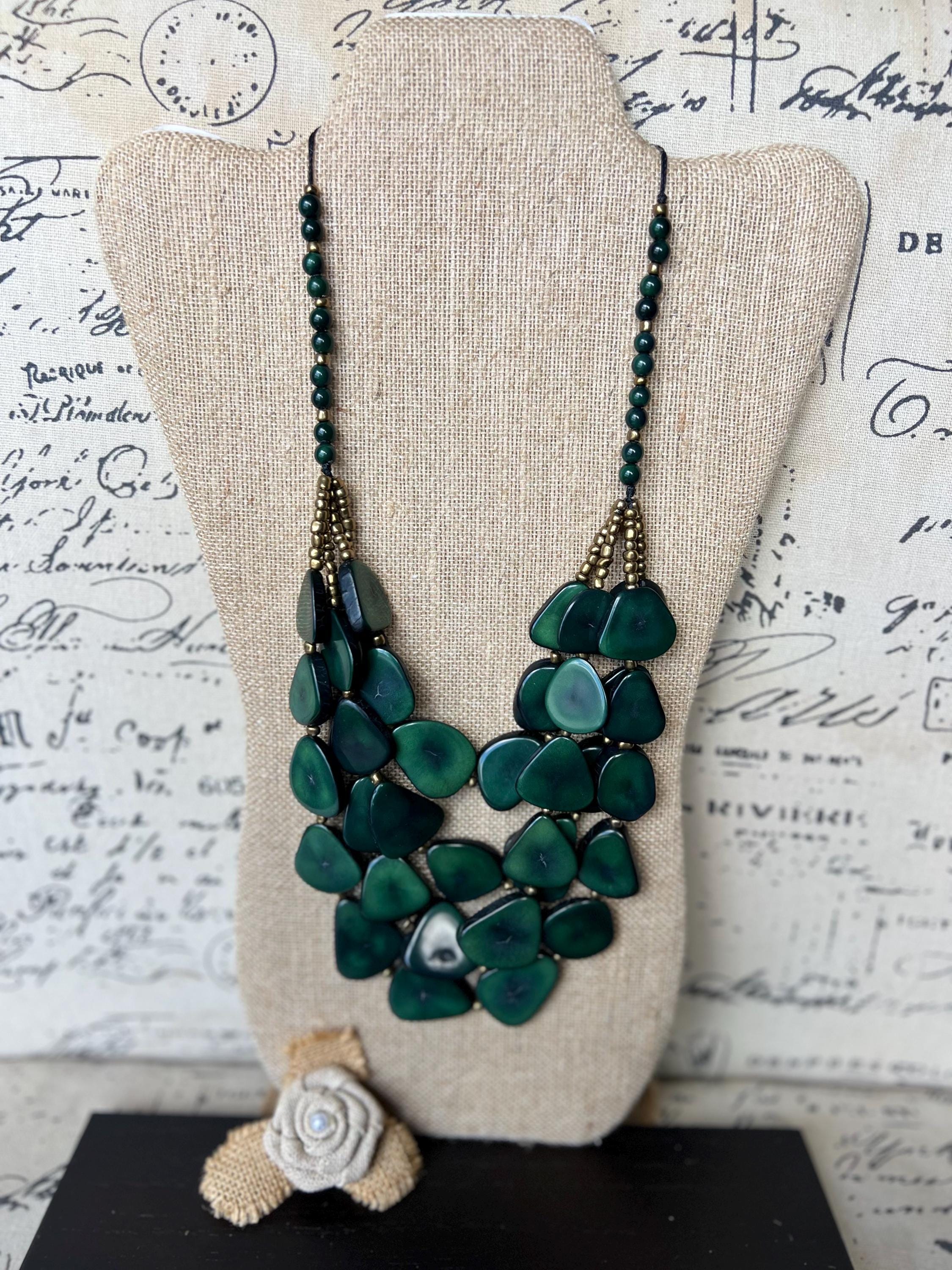 Green Tagua Nut Necklace, Multi Layer Statement Jewelry