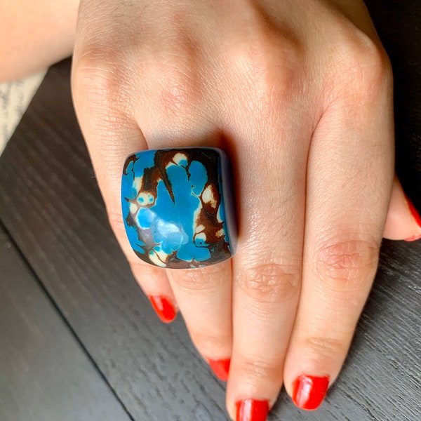 Turquoise blue statement large ring Tagua Unusual jewelry Cocktail rings for women fall fashion Big bold chunky Oversized huge ring Stocking