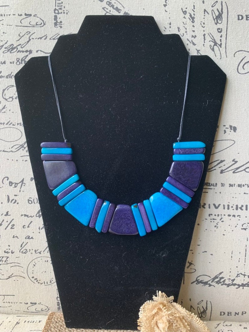 Turquoise and blue necklace Tagua bib collar Unusual jewelry Spring fashion jewelry Anniversary gift for wife Artisan handmade in Colombia
